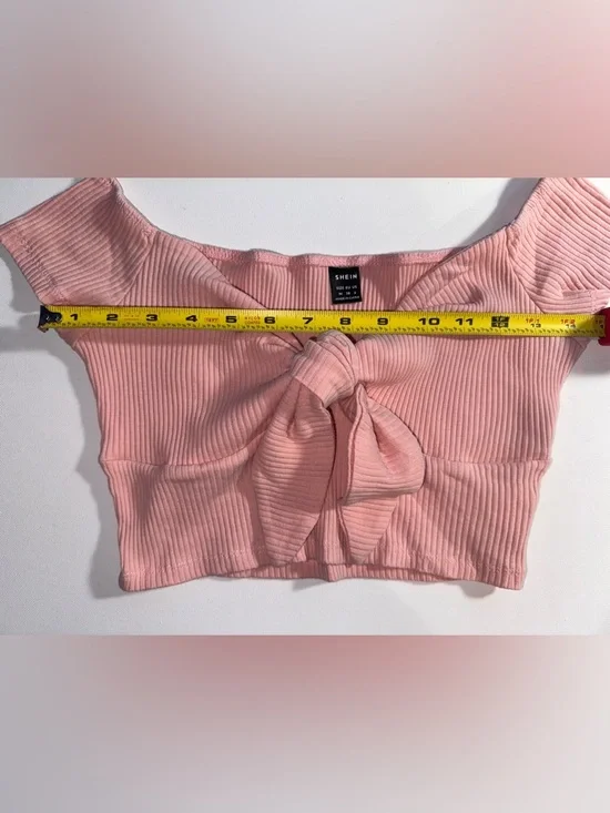 SHEIN Rose Pink Off-Shoulder Tie-Front Ribbed Crop Top - Picture 3 of 4